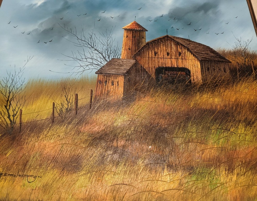 Vintage Large Everett Woodson Oil On Canvas Barn Scene Framed Signed