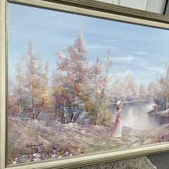 VTG Original Signed FRAMED OILPAINTING ONCANVAS GIRL BY THE LAKE LANDSCAP 29X41”