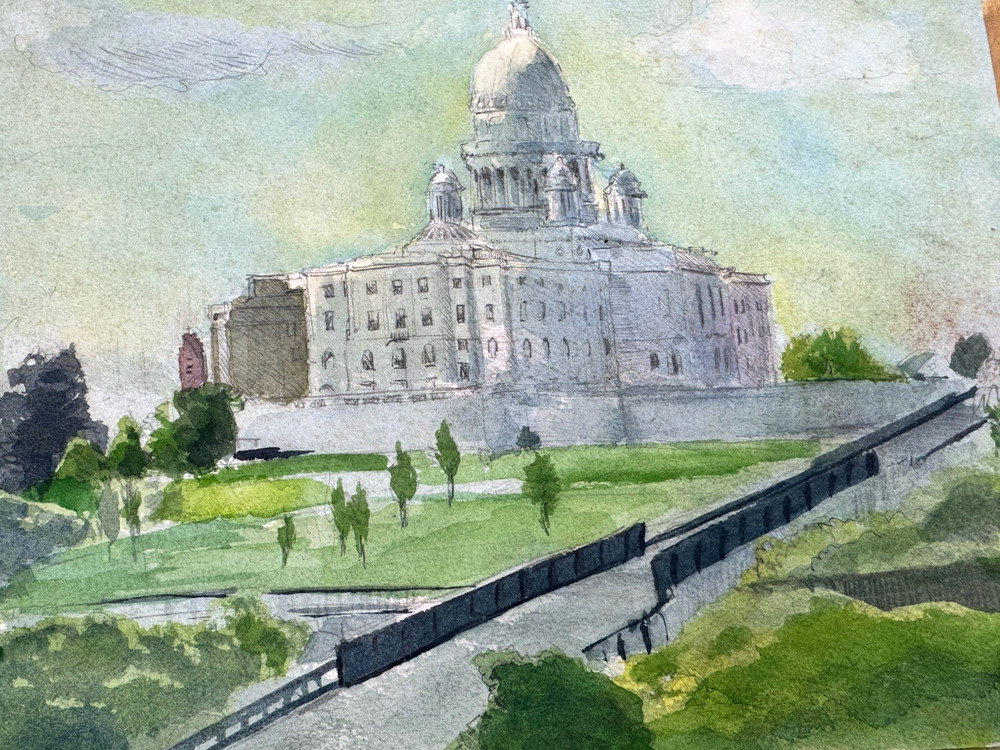 Vintage Watercolor Painting ~ RHODE ISLAND State House ~ 11 7/8″ x 9 3/8″