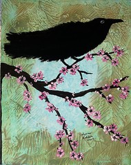Original 11×14″ shiny black Raven bird cherry blossoms painting by Lynne Kohler