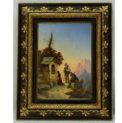 1855 Old oil painting Praying hikers at the wayside shrine 24.4 x 19.7 in