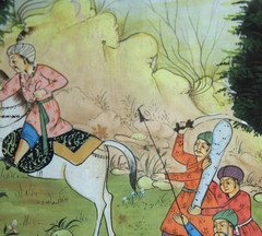 Vintage Indo Persian Miniature Oil Painting Framed Hunting Battle Scene Art
