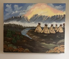 Original Signed Native American Teepee Landscape Oil Painting on Canvas 1991