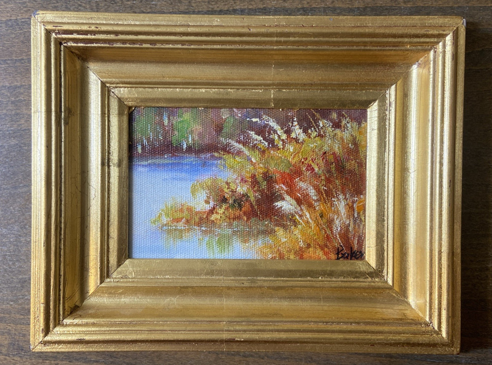 Original Framed Art Gold Wood Signed Baker Landscape Cottage Wall Art 9 1/2 x 8″