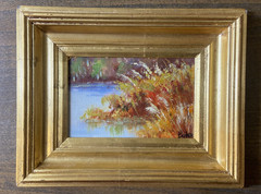 Original Framed Art Gold Wood Signed Baker Landscape Cottage Wall Art 9 1/2 x 8″