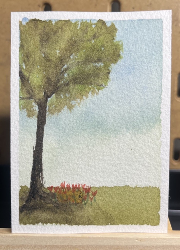 ACEO Original Art Watercolor Cat Hiding In Flowers Backyard OOAK annesartdesigns