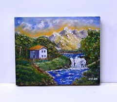 WATERFALL MOUNTAIN SUNSET VIEW 10″ HAND PAINTED OIL PAINTING DECOR ART GIFT 490
