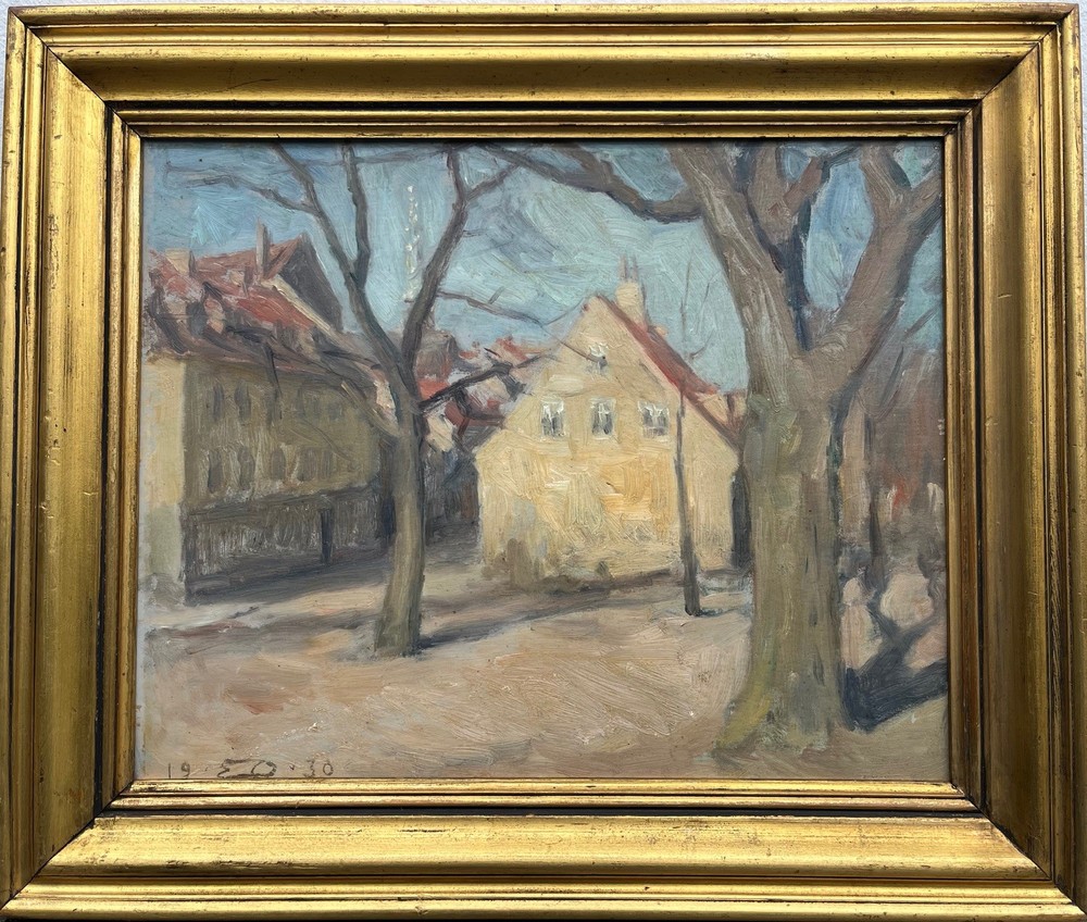 Einar Olsen Impressionist Oil Painting, Framed 1930 Street Scene Old Town