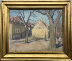 Einar Olsen Impressionist Oil Painting, Framed 1930 Street Scene Old Town