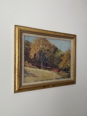 Vintage American Autumn Landscape Oil Painting on Canvas Laid to Board Framed