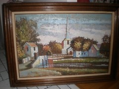 OLD Bucolic Picture Oil On Canvas Americana Landscape Painting 26″ x 36″ Signed