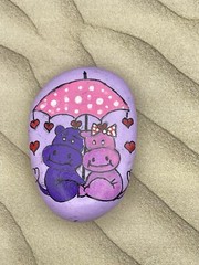 Hippo Couple Under Umbrella, Raining Hearts, Hip Hippo Hooray, painted rock
