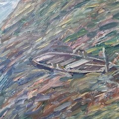 Gunnar Nerlund, Boat, coastal landscape, Oil on cardboard, Vätterstranden ,60s