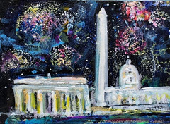 ACEO Original PAINTING Washington DC FIREWORKS Night Building Landscape ATC ART