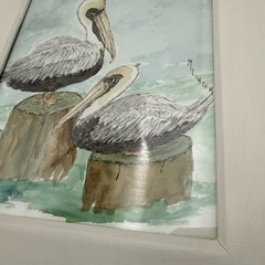 Watercolor Art Pelican Framed Signed 15×13 Original Artist Beach Cottage Decor