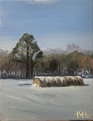 Original oil painting winter in south carolina haybales in snow art En Plein Air