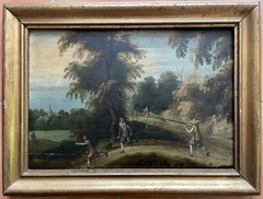 oil painting 18th/19th Century, Hunting Scene, 33 x 47 cm on Wooden Panel
