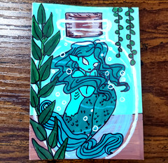 ACEO Original Art Card Mermaid Water Fairy Witch Bottle Art OOAK Painting