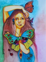Original Woman in Bloom Illustration Painting Mixed Media on Paper