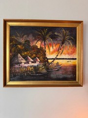 Tropical Island Hut Fishing Boat Oil Paintings by R.A. Gauffray