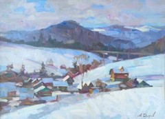 Oil painting In Village Ukrainian painter Canvas original winter landscape art