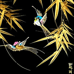 Chinese Oil Painting Bamboo Bird Gold Black Hand-painted Asian Art Plywood 7×10″
