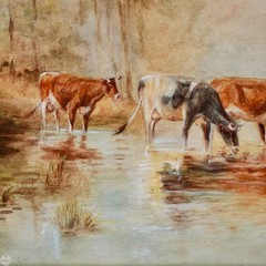 Antique Original Impressionist Landscape Watercolor „Cattle at the Water’s Edge“