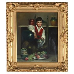 Antique Oil on Canvas Genre Painting of a Boy Serving Wine M. Rossi C1890