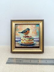 Original oil painting Bird on a Cake Signed work measuring 4×4 inches.