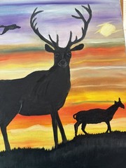 Original oil painting 11 x 14 inches buck deer in silhouette at sunset