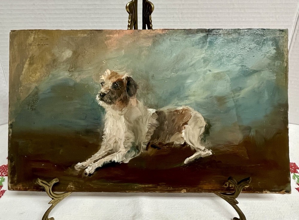 Antique Double Sided Oil Painting on Wood Panel – Dog Portrait & Egg Still Life