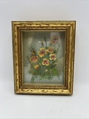 Layered 3 D Glass Floral Painting Yellow Pansies 6″ x 5″ Gold Framed Vintage