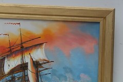 J.Harvey Large Oil painting on canvas, SHIPS BATTLE AT SEA, Signed, Framed