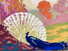 Spectacular Circa 1930s Art Deco Gouache Painting Peacocks In Landscape Unsigned
