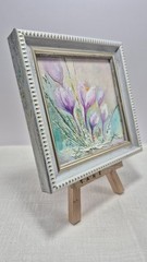 Original oil painting, signed, framed Spring flowers crocuses 4x4inches