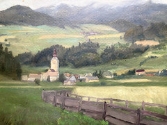 Oil Painting Landscape Josef Freytag Church Study Fence Alm Mountains Nature Um
