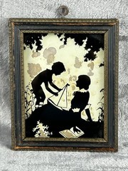 Antique Victorian Silhouette Scene Boy With Toy Sailboat & Woman With Book