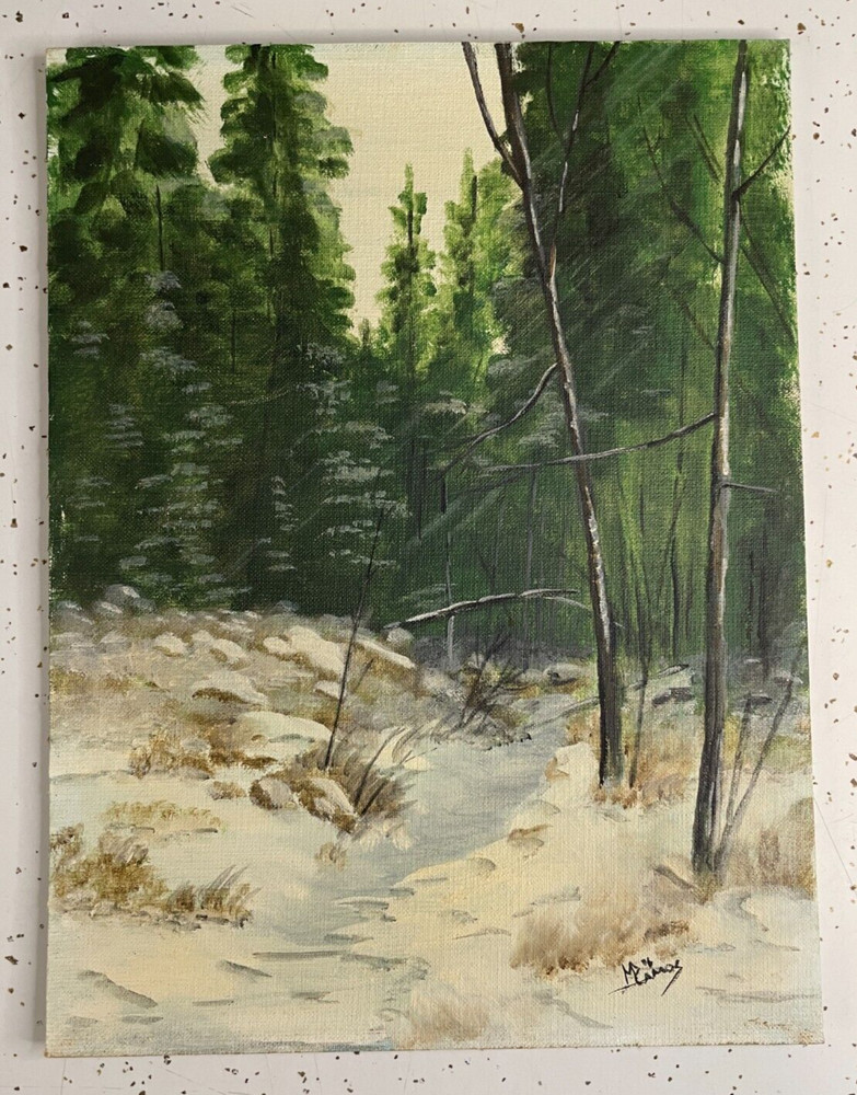M Ramos Acrylic on Board Forest Pine Tree Snow Scene Amateur Painting 9×12