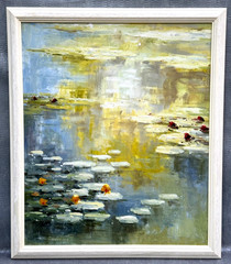 ORIGINAL WATER LILY LILIES OIL PAINTING FRAMED CANVAS ART WATER POND LANDSCAPE