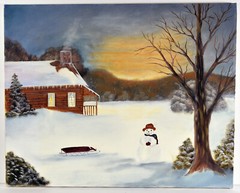 20″ Oil Painting Canvas Mikel Americana Winter Time Snowman Rustic Decor #49