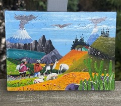 Vintage Ecuadorian Tigua Folk Art Oil Painting 6”x8”
