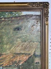 Antique European Oil On Wood Panel Thatched Cottage Landscape Signed Ornate Fram