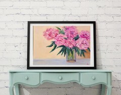 pink peonies original oil painting, peonies wall art, floral still life, flowers
