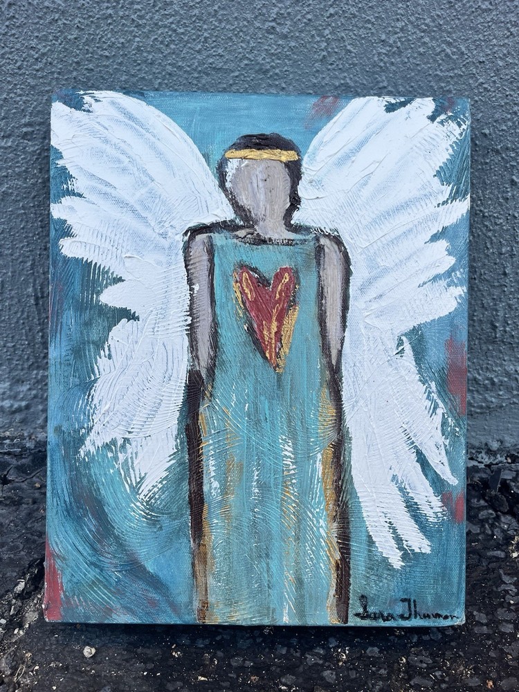 Sara Thurman „Blessing & Honor“ Angel Folk Art Canvas Painting Signed 2017