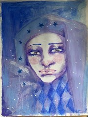 Blue And Purple Jester Fantasy Painting On 9×12 Watercolor Paper