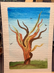 ACEO Original OOAK Signed (Not a Print) „Twisty“ Twisted Tree & Birds Art Card