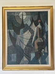 Mid Century Painting Kermit Epperson Modernist Night Moon Lit 1960 WOMAN CUBISM