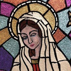 VTG Hand Painted Virgin Mary Baby Jesus Framed Velvet Painting Metallic Mosaic