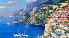 POSITANO PAINTING FLOWERING SEASIDE ORIGINAL CANVAS SOMMA ITALIAN PAINTER ITALY