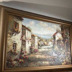 Framed Impressionist Oil Painting of Italian Seaside Village Landscape on Canvas